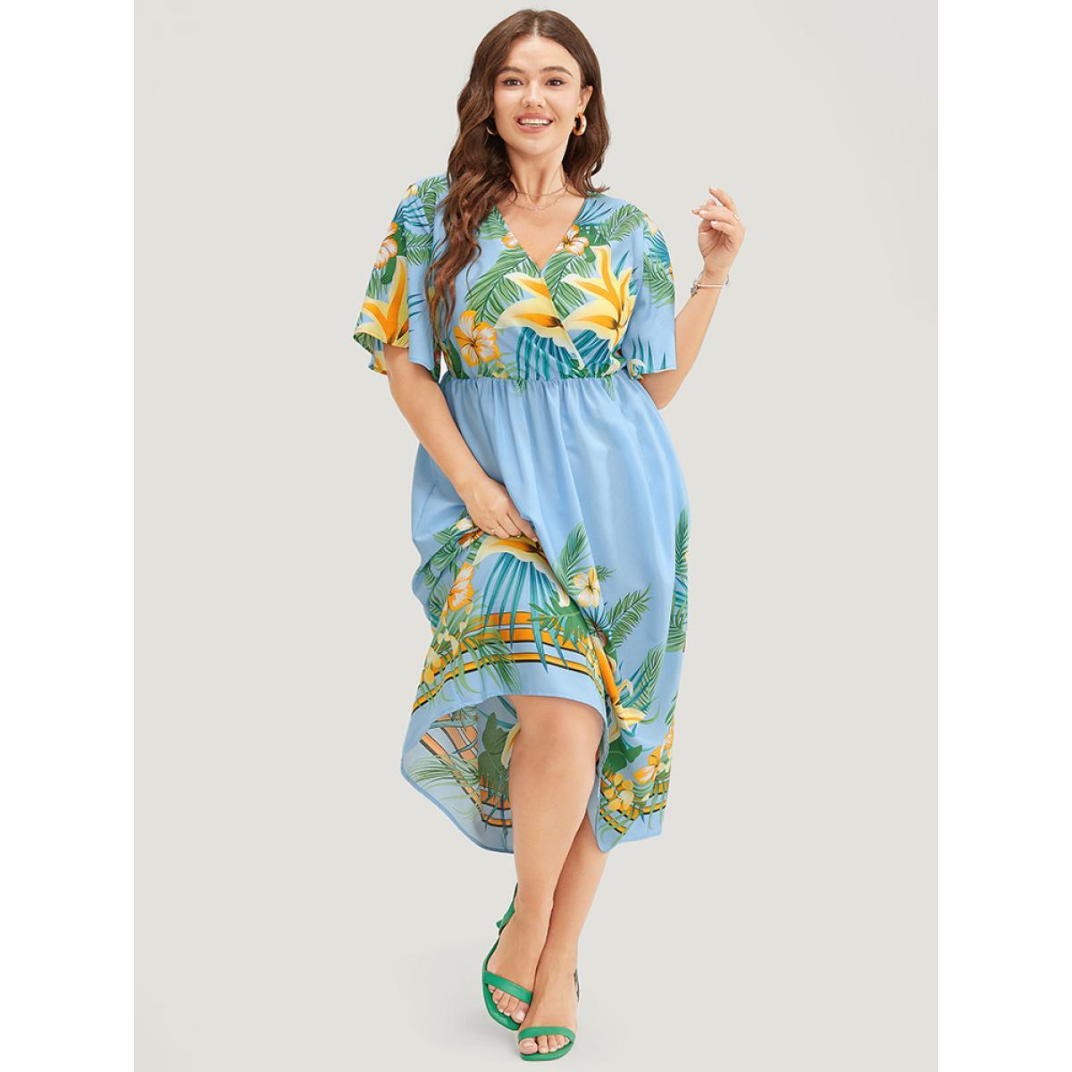 Plus Size Tropical Print Ruffle Sleeve Wrap Pocket Midi Dress LightBlue Women Elegant Elastic Waist V-neck Short sleeve Curvy Midi Dress BloomChic 28/5X Product Image