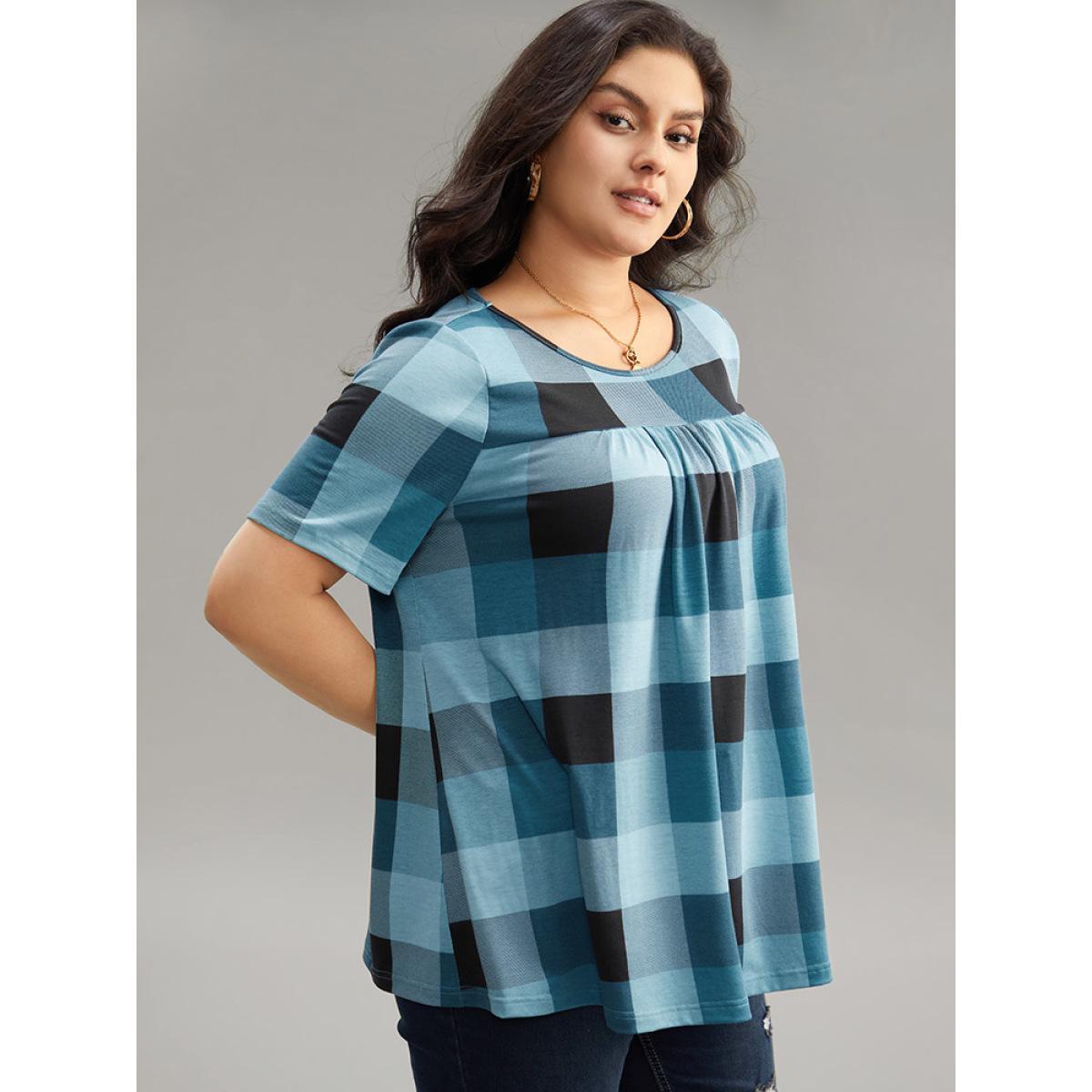 Plus Size Plaid Round Neck Gathered T-shirt Blue Women Casual Gathered Plaid Round Neck Everyday T-shirts BloomChic 18-20/2X Product Image