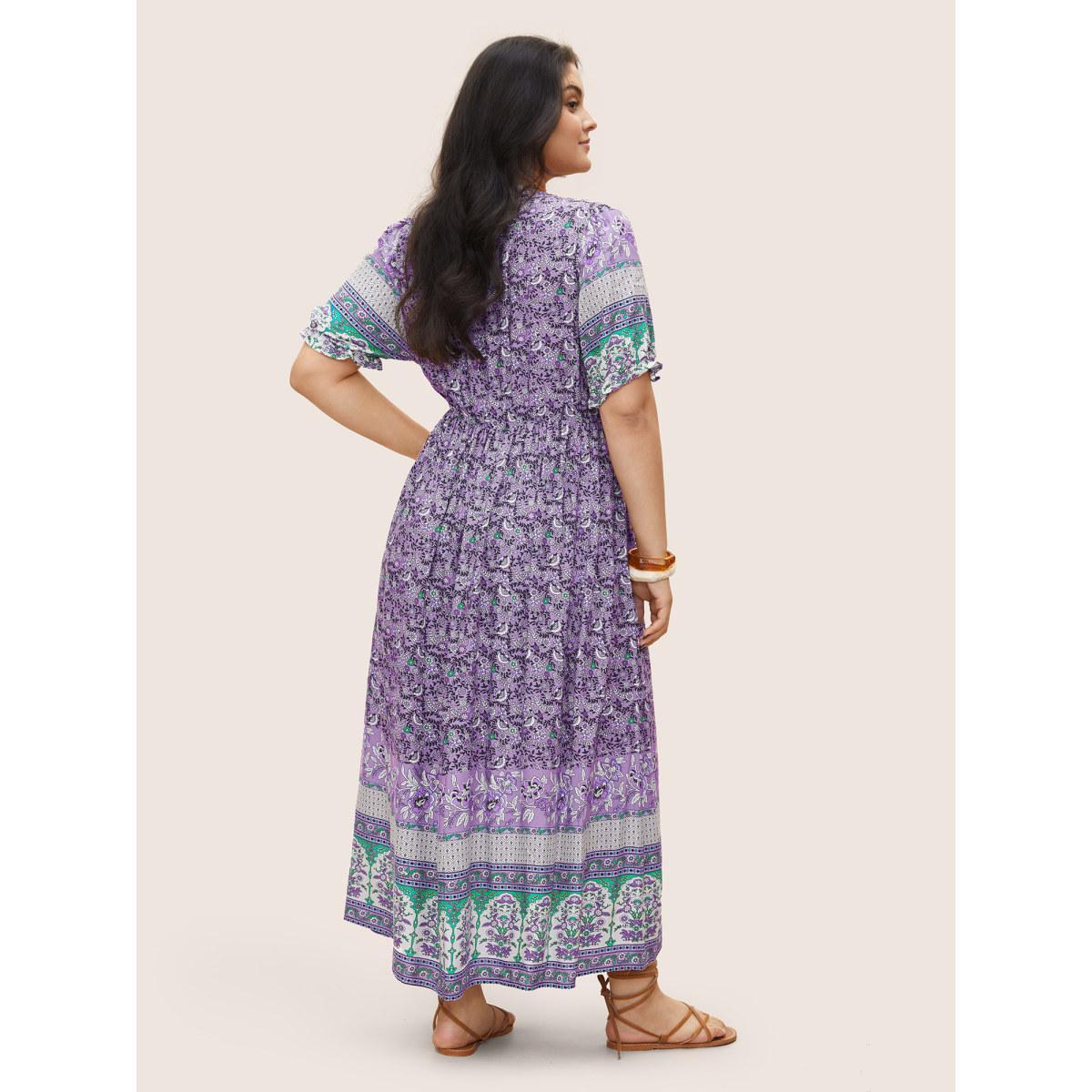 Plus Size Boho Print Notched Ties Tassel Trim Dress Lilac Women Resort Non Flat collar with V-notch Short sleeve Curvy BloomChic 26/4X Product Image