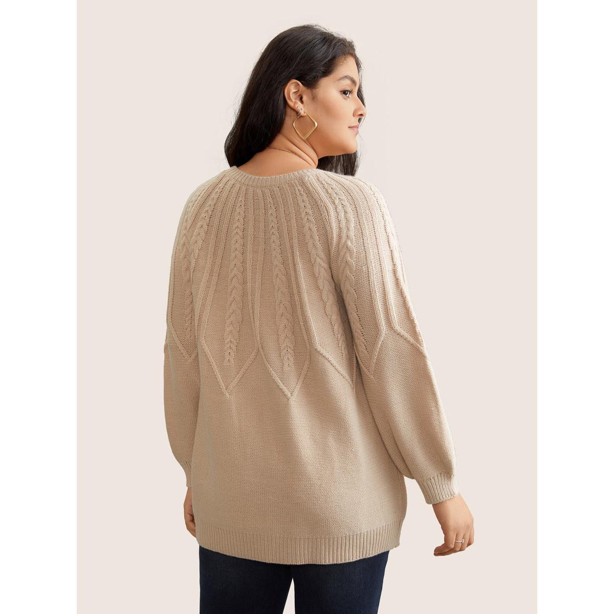Plus Size Solid Textured Lantern Sleeve Pullover Tan Women Basics Long Sleeve Round Neck Everyday Pullovers BloomChic 30/6X Product Image