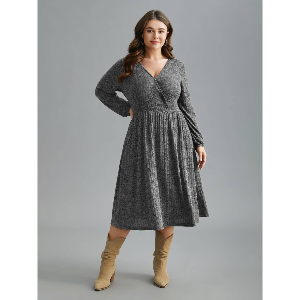 Plus Size Pit Strip Overlap Collar Midi Dress DarkGray Women Casual Texture Knit Dresses Bloomchic 28/5X Product Image
