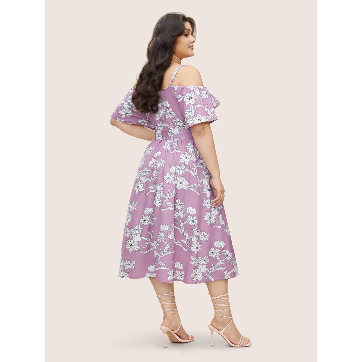 Plus Size Floral Ruffles Asymmetrical Hem Belted Gathered Dress Lilac Women Elegant Gathered Non Short sleeve Curvy Midi Dress BloomChic 22-24/3X Product Image