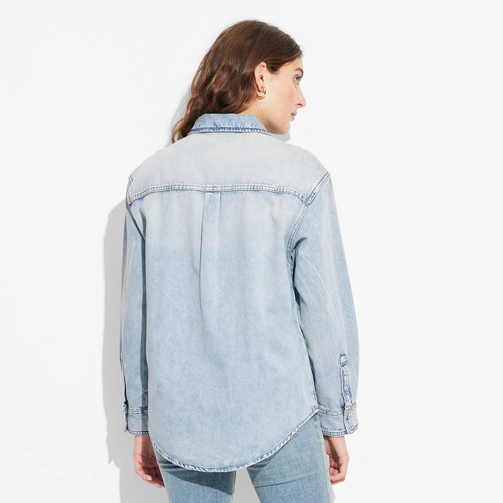 Women's Long Sleeve Oversized Western Shirt - Wild Fable™ Light Wash XL: Cotton, Midweight, Button Down Product Image