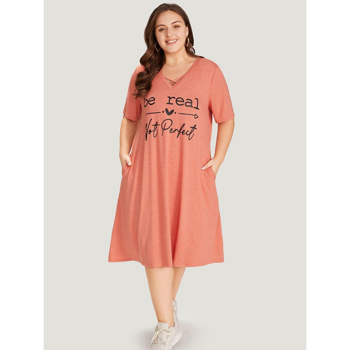 Plus Size Supersoft Essentials Letter Print Pocket Crisscross Neck Dress Coral Women Casual Plain Curvy Midi Dress BloomChic 30/6X Product Image