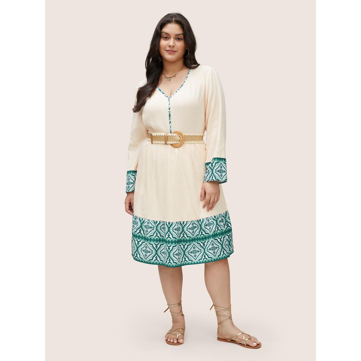 Plus Size Boho Print Patchwork Elastic Waist Texture Dress Apricot Women Resort Non V-neck Long Sleeve Curvy Knee Dress BloomChic 30/6X Product Image