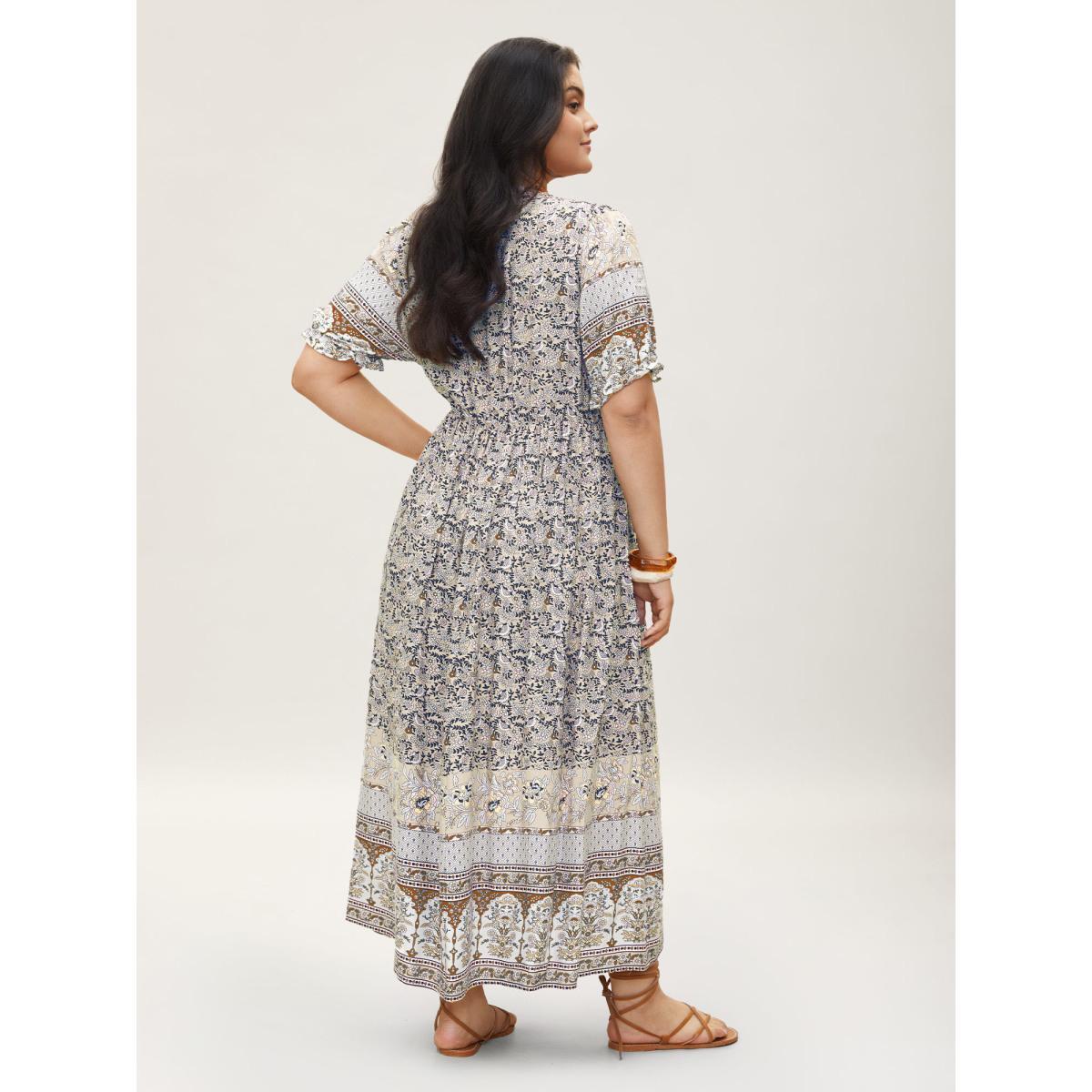 Plus Size Boho Print Notched Ties Tassel Trim Dress Beige Women Resort Non Flat collar with V-notch Short sleeve Curvy BloomChic 28/5X Product Image