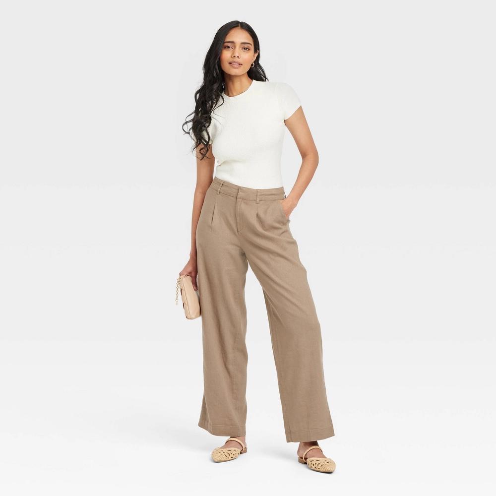 Women's Linen Essential Trouser - A New Day™ Brown 16 Short: High Rise, Straight Leg, Woven Fabric Product Image
