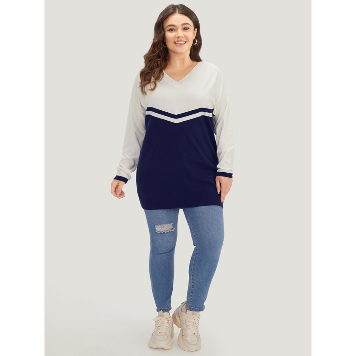 Plus Size Striped Two Tone V Neck Drop Shoulder Pullover Indigo Women Casual Loose Long Sleeve V-neck Dailywear Pullovers BloomChic 18-20/2X Product Image
