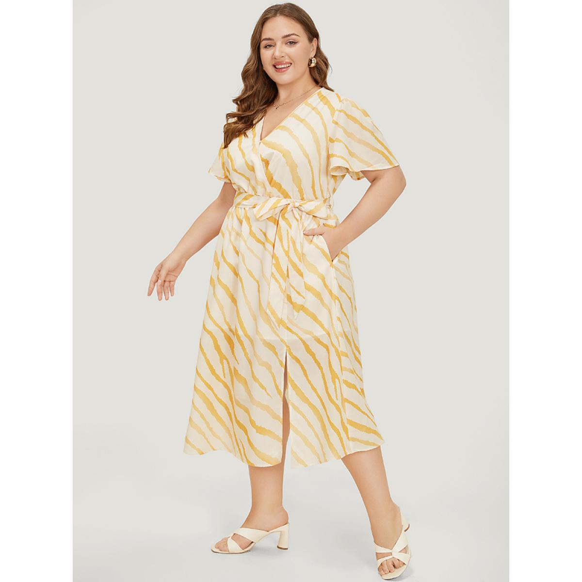 Plus Size Zebra Print Wrap Pocket Belt Ruffle Sleeve Split Dress Yellow Women Elegant Wrap V-neck Short sleeve Curvy Midi Dress BloomChic 28/5X Product Image