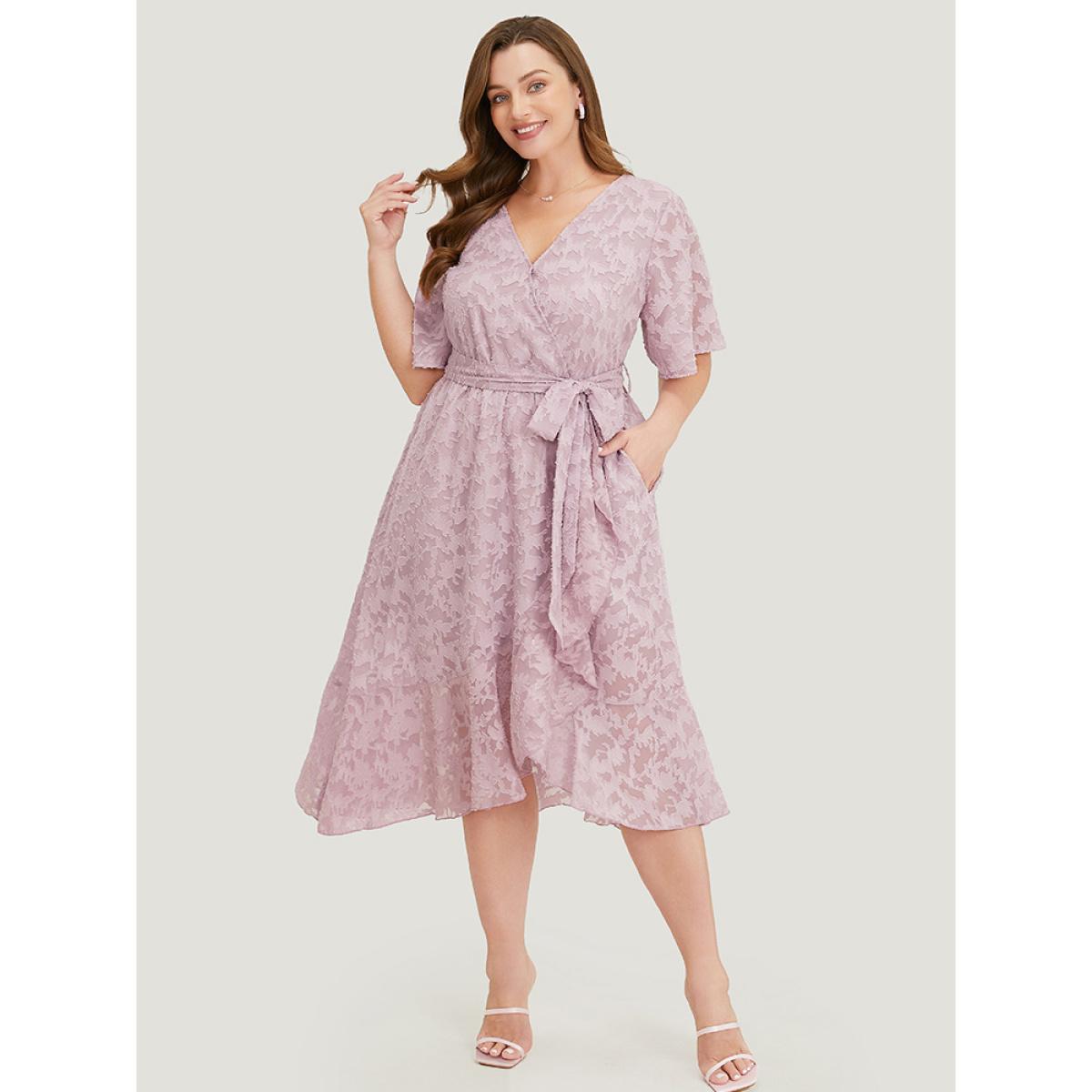 Plus Size Plain Floral Pocket Belted Mesh Ruffle Trim Wrap Midi Dress Lilac Women Glamour Lined V-neck Short sleeve Curvy Midi Dress BloomChic 18-20/2X Product Image