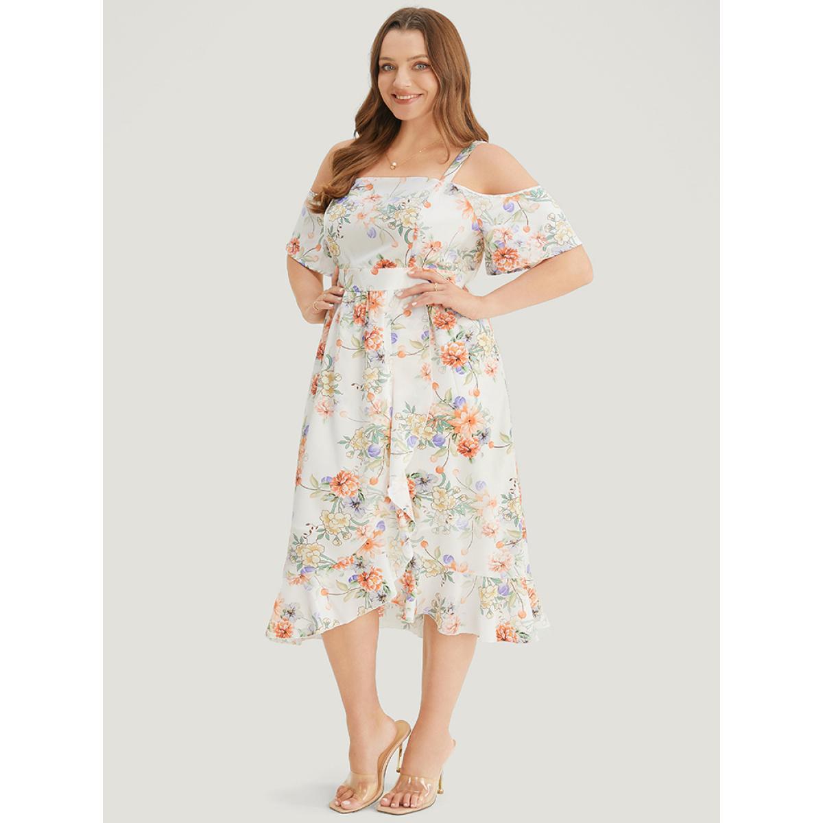 Plus Size Floral Print Cold Shoulder Pocket Split Ruffle Trim Dress WhiteSmoke Women Elegant Adjustable Straps Cold Shoulder Short sleeve Curvy Midi Dress BloomChic 30/6X Product Image
