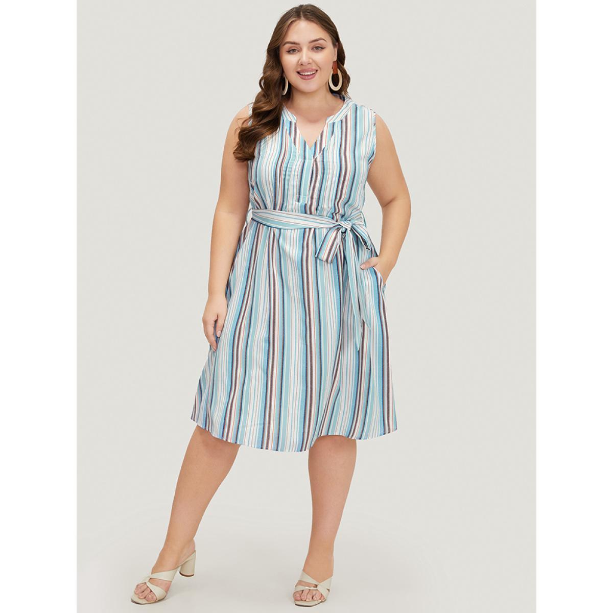 Plus Size Striped Contrast Belted Pocket Notched Tank Dress LightBlue Women Casual Contrast Notched collar Sleeveless Curvy Midi Dress BloomChic 14-16/1X Product Image