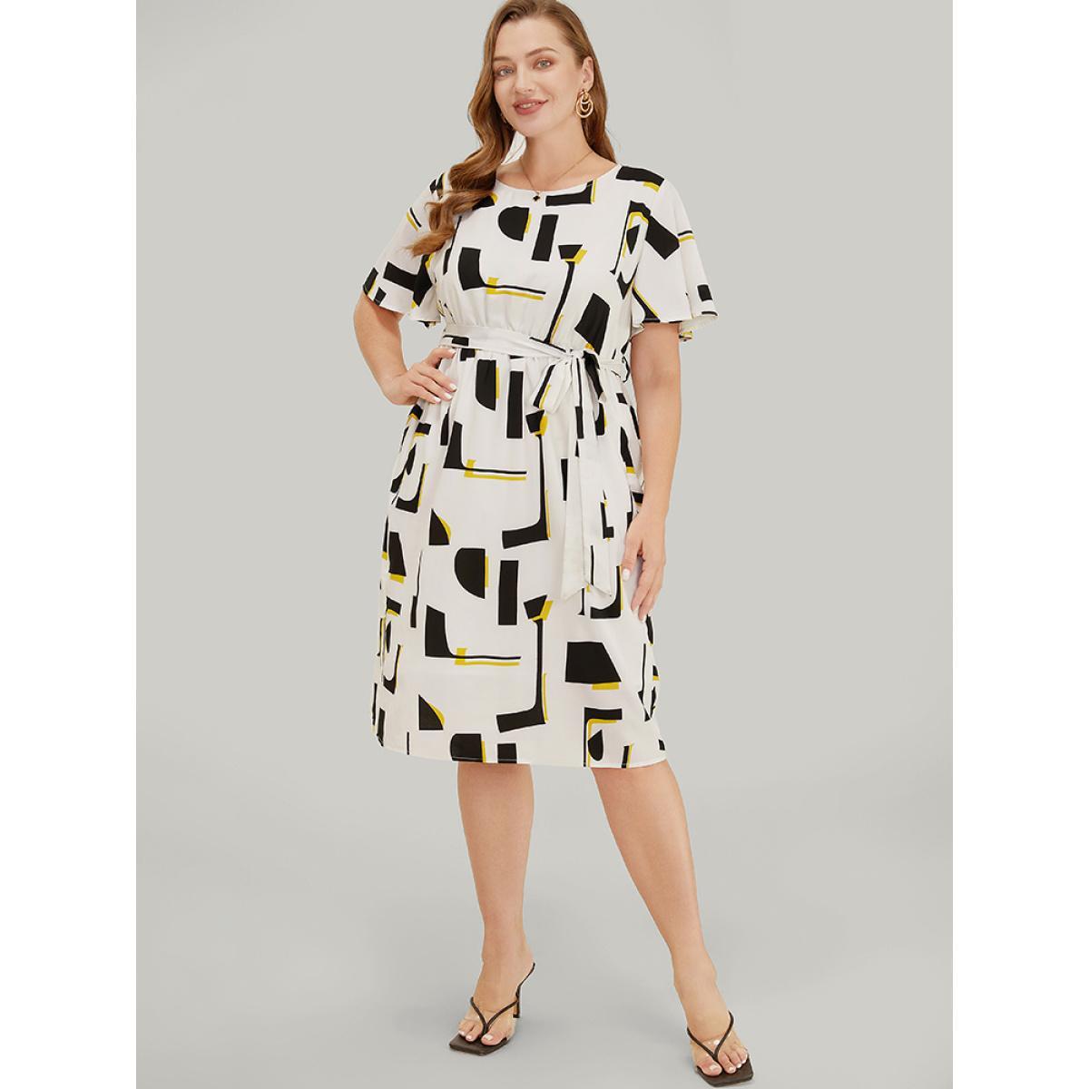 Plus Size Geometric Print Pocket Belt Flutter Sleeve Dress Black Women Elegant Contrast Round Neck Short sleeve Curvy Knee Dress BloomChic 22-24/3X Product Image