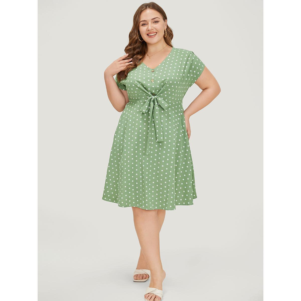 Plus Size Polka Dot Pocket Button Detail Twist Front Knee Dress Green Women Elegant Knotted V-neck Cap Sleeve Curvy Knee Dress BloomChic 10/M Product Image