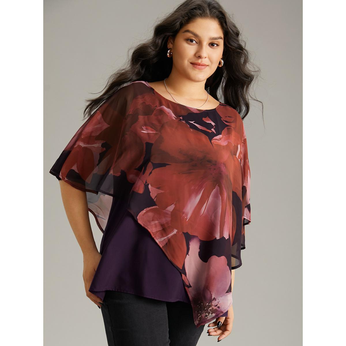 Plus Size Purple Floral Mesh Asymmetrical Dolman Sleeve Blouse Women Glamour Short sleeve Round Neck Going out Blouses BloomChic 12/L Product Image