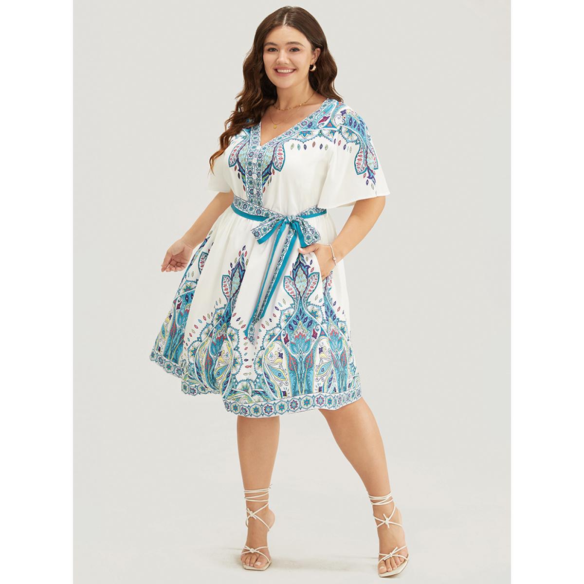 Plus Size Bandana Button Detail Pocket Belt Knee Dress Emerald Women Vacation Lined V-neck Short sleeve Curvy Knee Dress BloomChic 26/4X Product Image