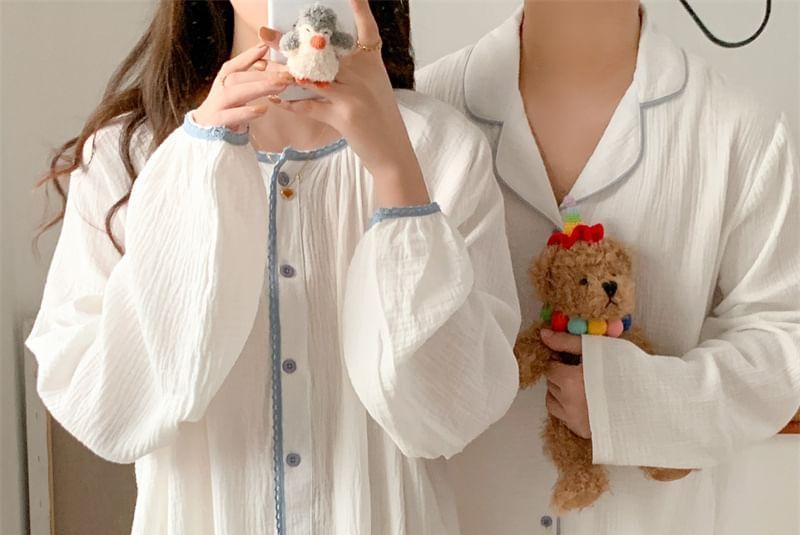 Couple Matching Contrast Trim Pajama Dress / Long-Sleeve Pajama Set Product Image