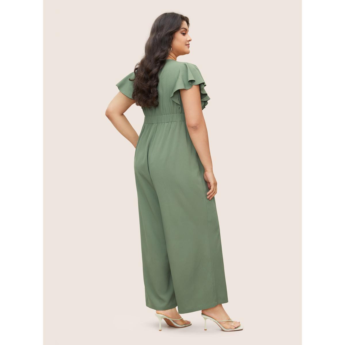 Plus Size Sage Solid Button Up Ruffle Cap Sleeve Jumpsuit Women Elegant Cap Sleeve V-neck Everyday Loose Jumpsuits BloomChic 30/6X Product Image