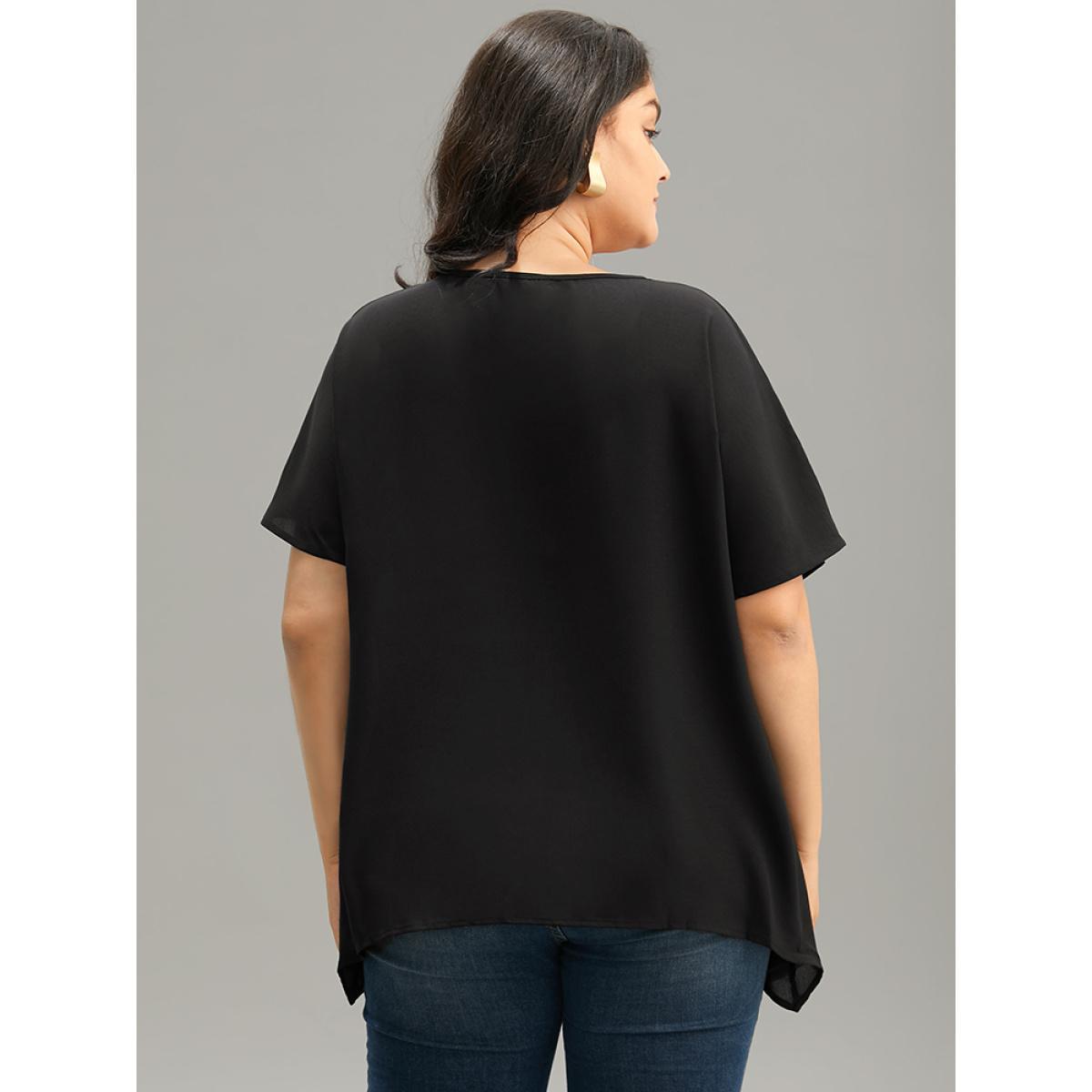 Plus Size Black Plain Zipper Curved Hem Blouse Women Office Short sleeve V-neck Work Blouses BloomChic 18-20/2X Product Image
