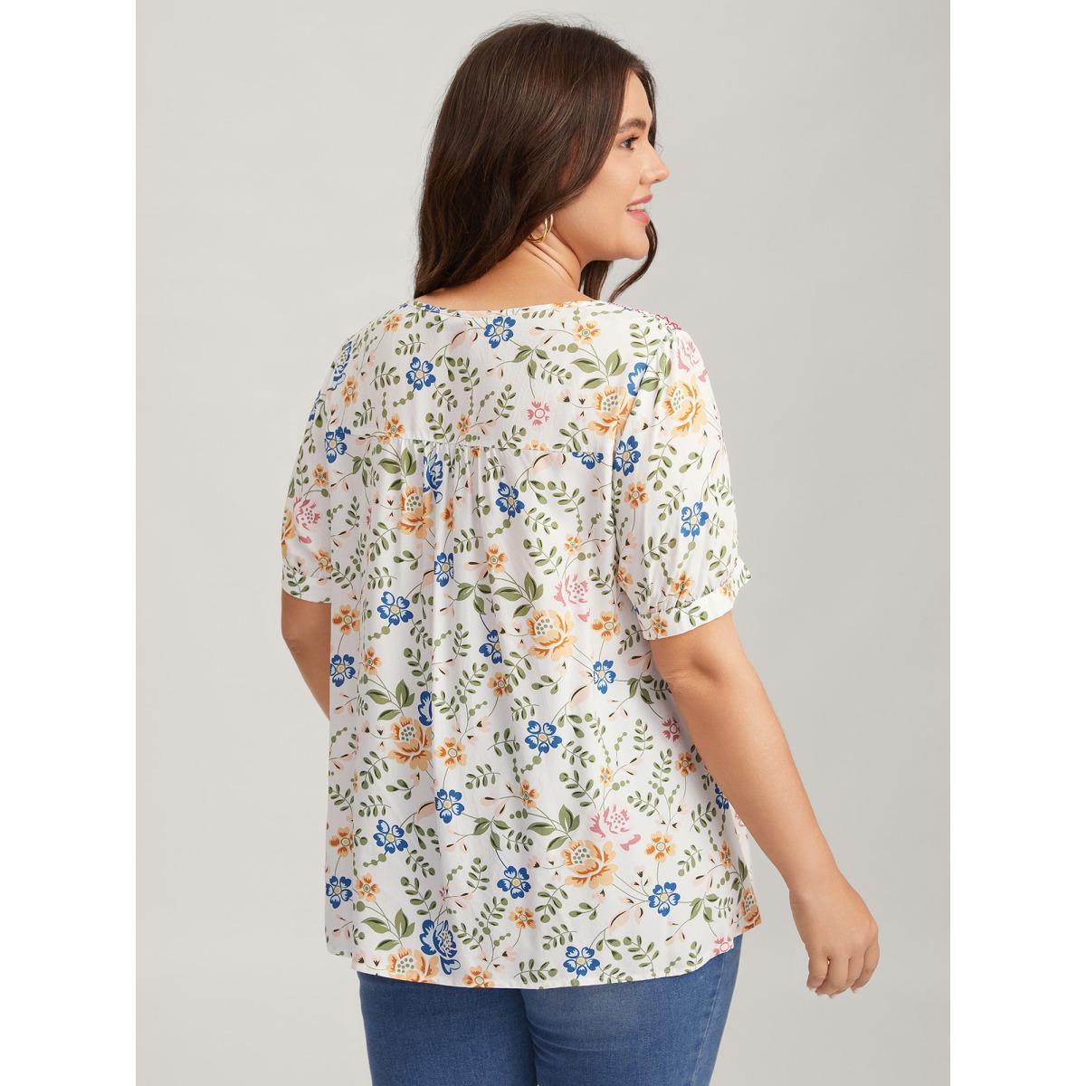 Plus Size Multicolor Floral Print Shirred Neck Blouse Women Short sleeve Round Neck Everyday-Elegant Blouses BloomChic 14-16/1X Product Image