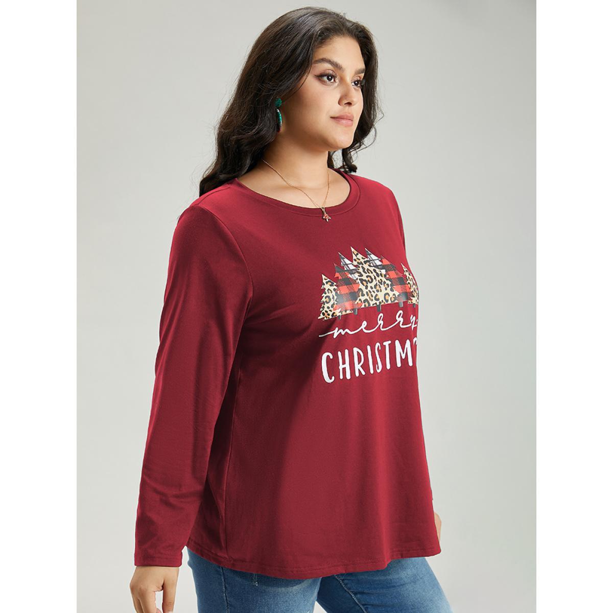 Plus Size Christmas Trees Letter Print Round Neck T-shirt Raspberry Women Casual Printed Christmas Festival-Christmas T-shirts BloomChic 26/4X Product Image