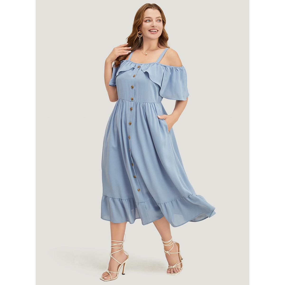 Plus Size Plain Ruffle Trim Pocket Cold Shoulder Button Detail Dress Stone Women Vacation Adjustable Straps One-shoulder neck Short sleeve Curvy Midi Dress BloomChic 10/M Product Image