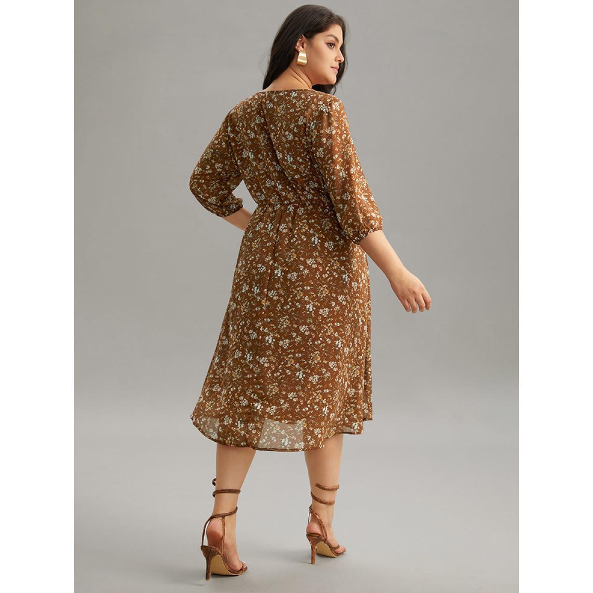 Plus Size Ditsy Floral Cut Out Elastic Cuffs Dress Rust Women Elegant Elastic cuffs Keyhole Cut-Out Elbow-length sleeve Curvy Midi Dress BloomChic 14-16/1X Product Image