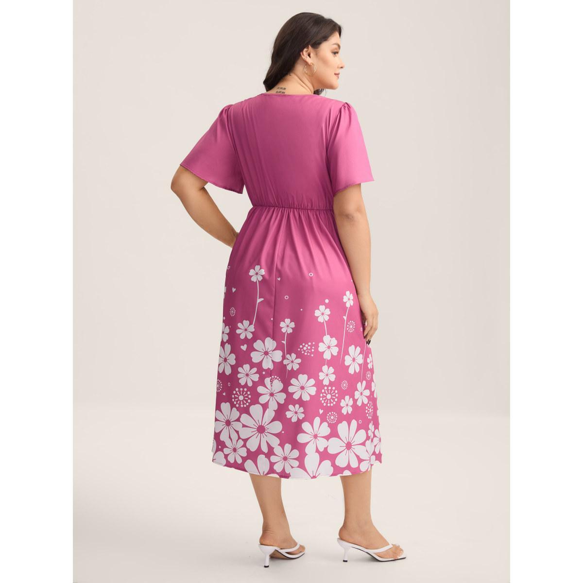 Plus Size V-Neck Floral Print Flared Sleeve Dress Russet Women Elegant Gathered V-neck Short sleeve Curvy BloomChic 22-24/3X Product Image