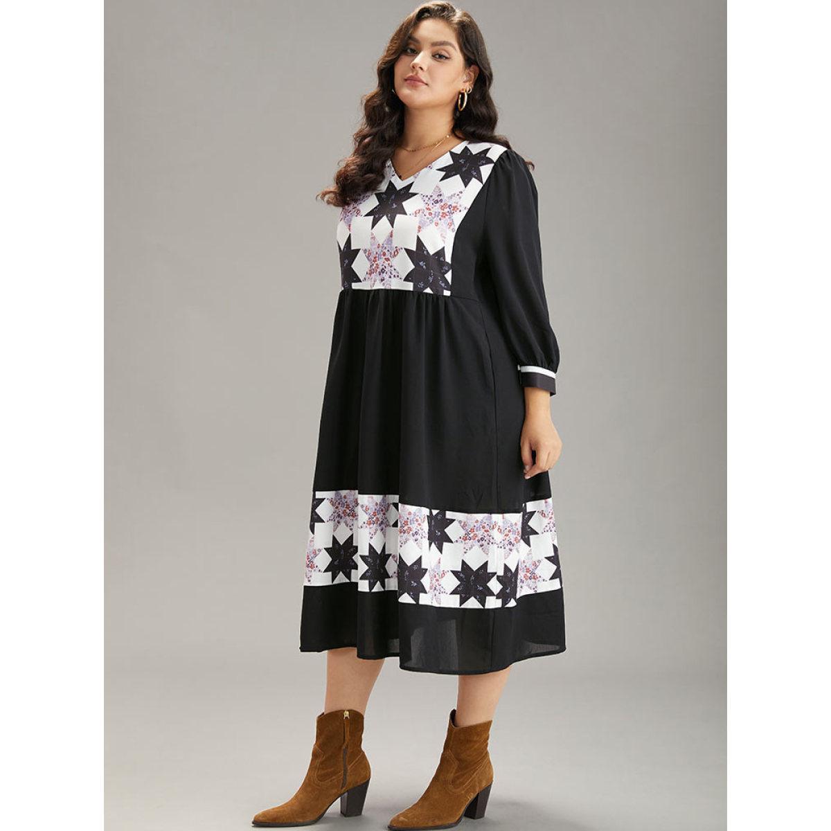 Plus Size Geometric Colorblock Pocket Gathered Dress Black Women Vacation Printed V-neck Elbow-length sleeve Curvy Midi Dress BloomChic 12/L Product Image
