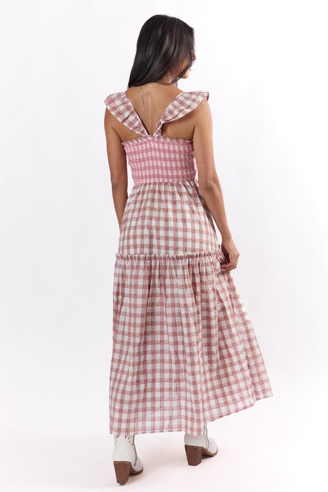 Checked Treasures Pink and Brown Plaid Tiered Midi Dress SALE Product Image