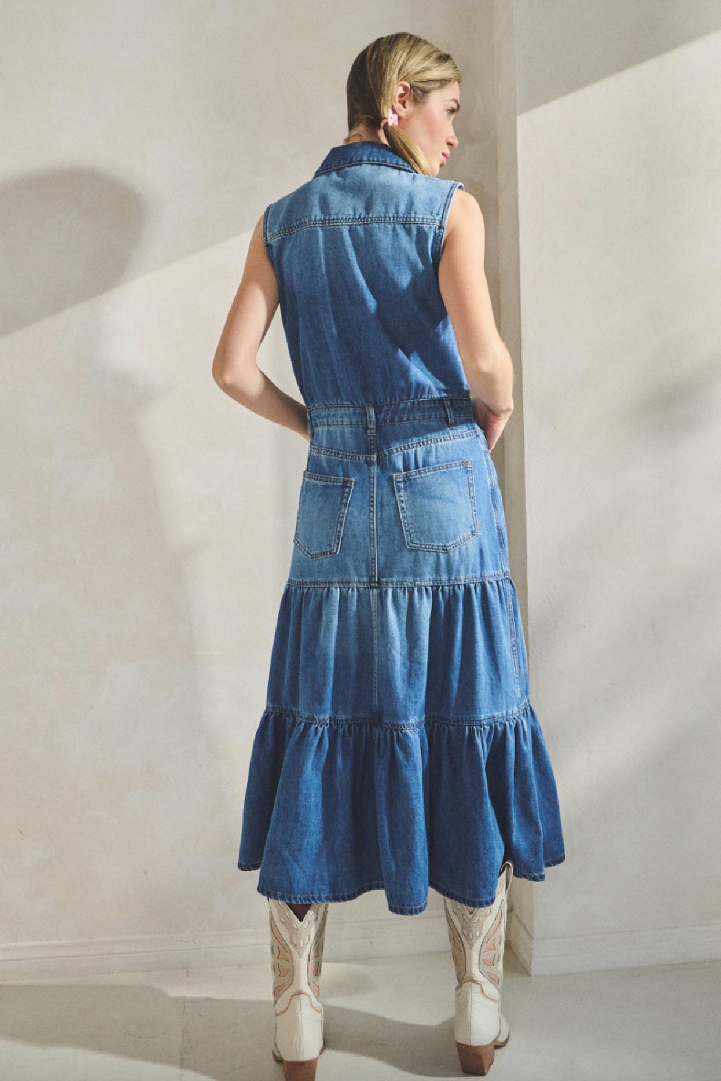 Western Tiered Denim Maxi Dress Product Image