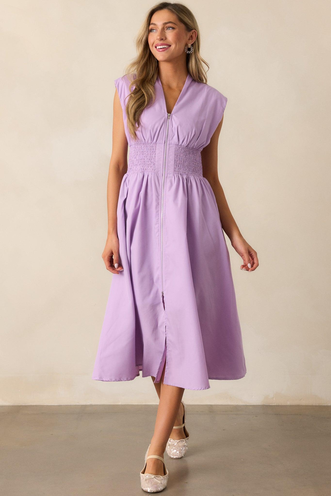 The Evette Lavender Zip Front Midi Dress Product Image