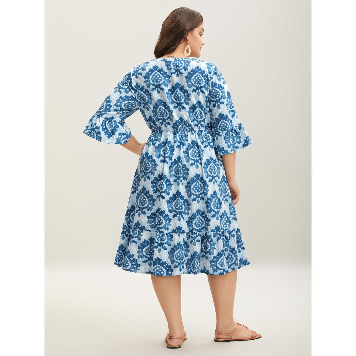 Plus Size Damask Pattern Ruffle Sleeve Midi Dress Mediumblue Women Flat collar with V-notch Elbow-length sleeve Curvy BloomChic 28/5X Product Image