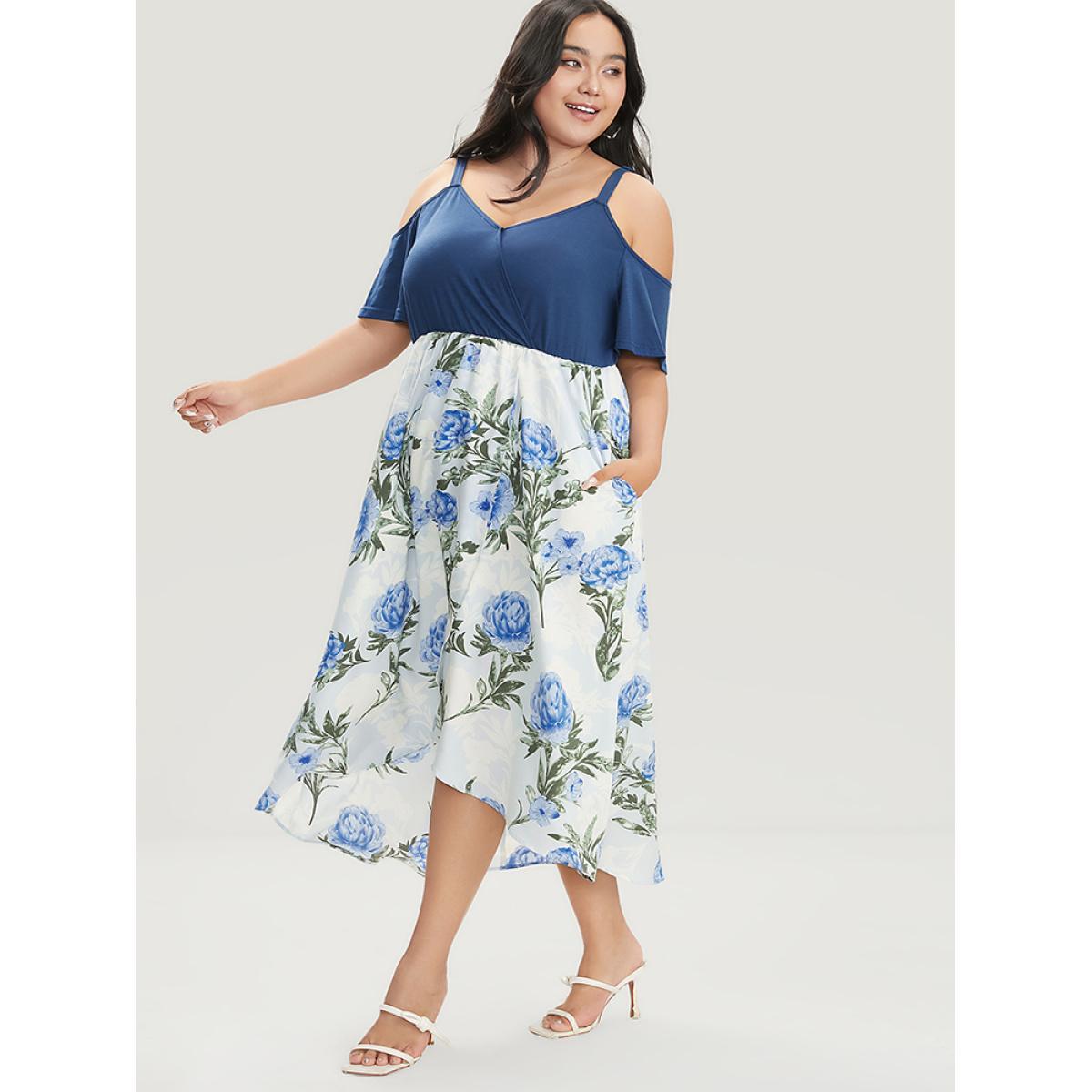 Plus Size Floral Patchwork Cold Shoulder Pocket Asymmetrical Hem Dress Indigo Women Elegant Adjustable Straps Cold Shoulder Short sleeve Curvy Midi Dress BloomChic 22-24/3X Product Image