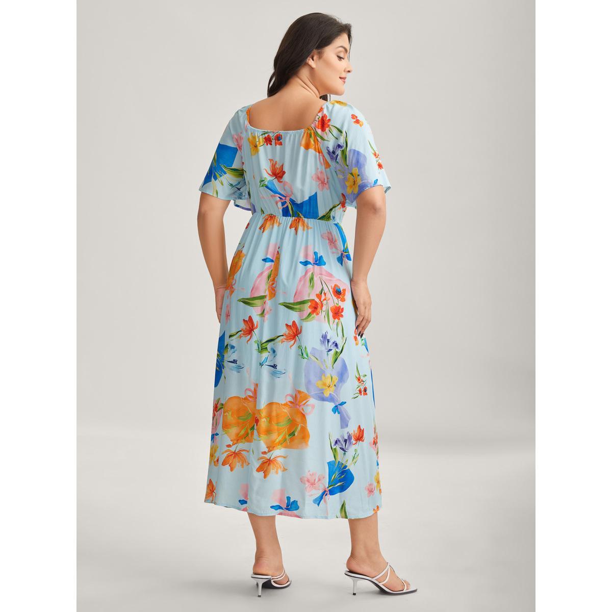 Plus Size Rayon Floral Print Pockets Midi Dress Multicolor Women Round Neck Short sleeve Curvy BloomChic 18-20/2X Product Image