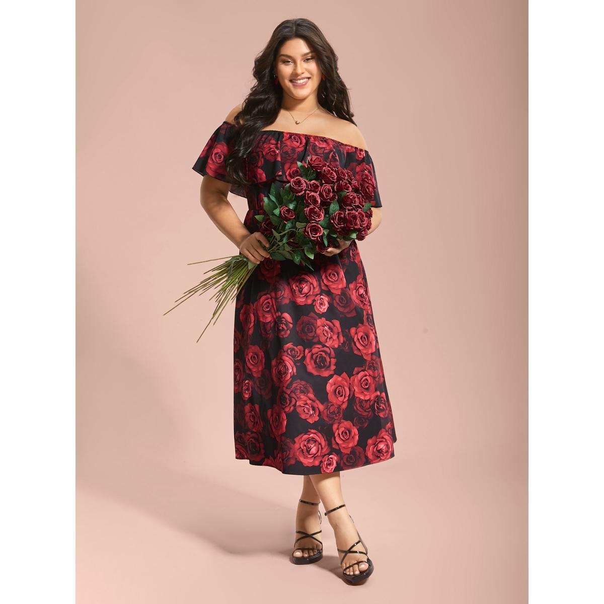 Plus Size Off-Shoulder Rose Pattern Ruffled Dress BlackFlower Women Elegant Ruffles One-shoulder neck Short sleeve Curvy BloomChic 18-20/2X Product Image