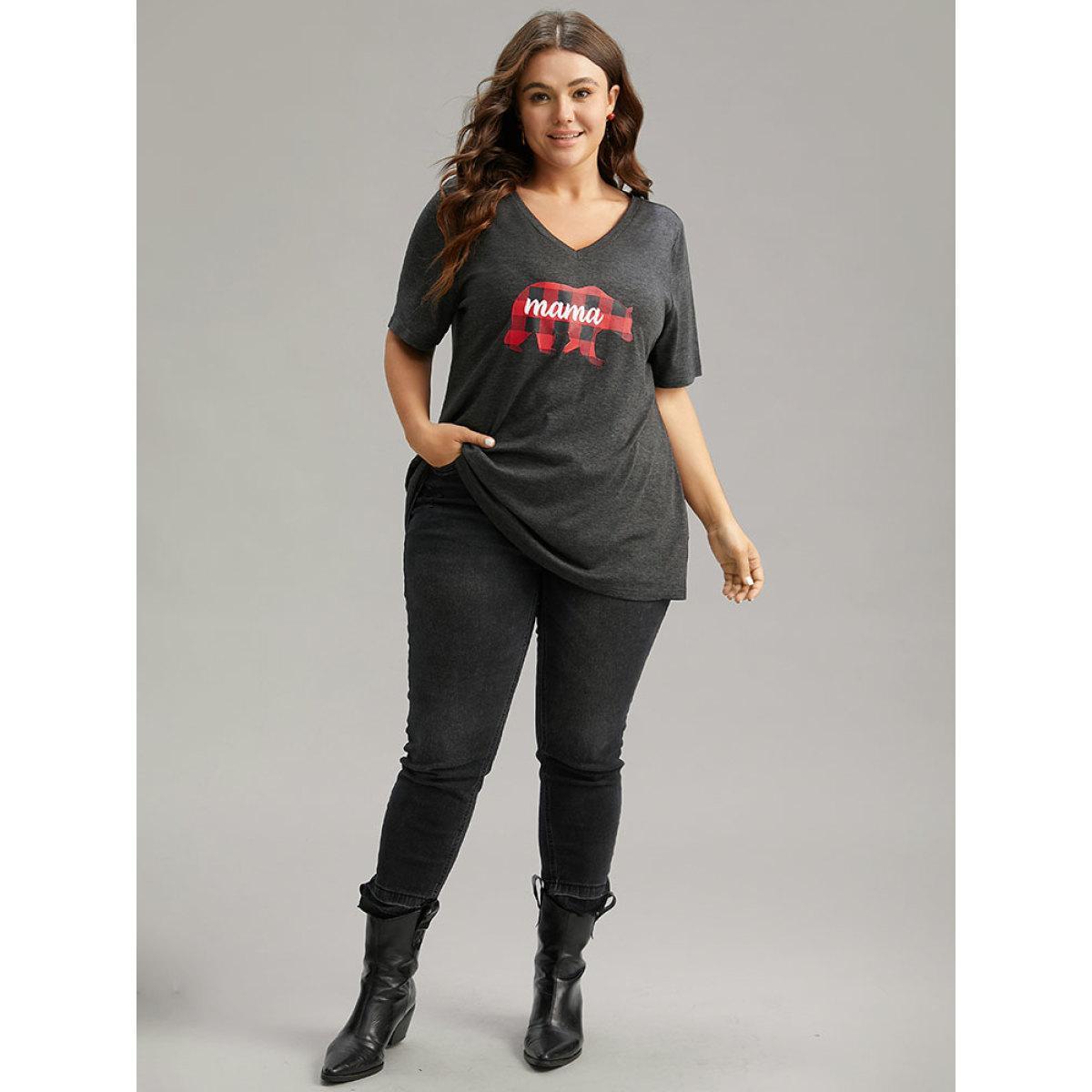 Plus Size Plaid Bear Patchwork Round Neck T-shirt DimGray Women Casual Printed Christmas Festival-Christmas T-shirts BloomChic 10/M Product Image