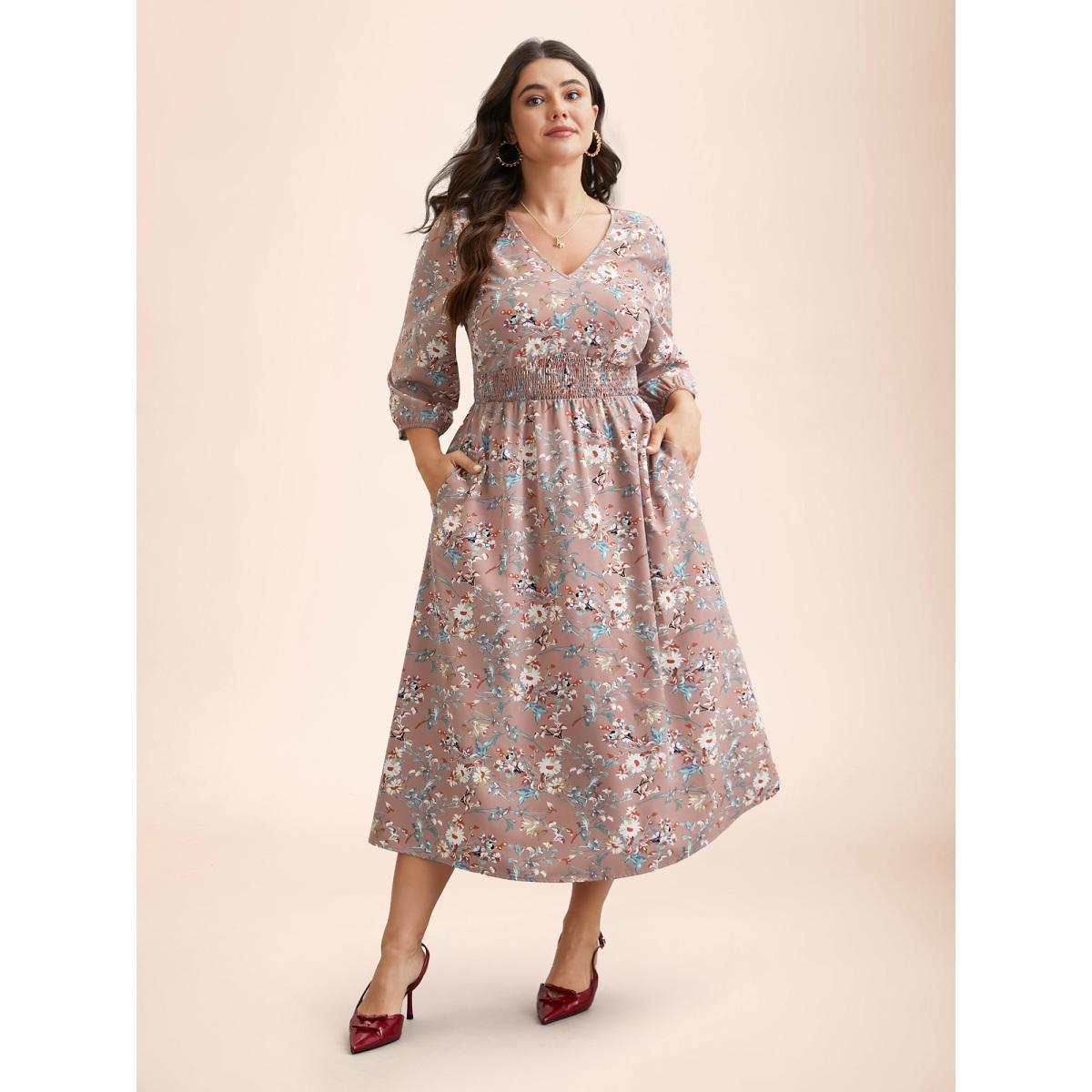 Plus Size V-Neck Floral Print Shirred Pockets Midi Dress DustyPink Women Elegant Shirred V-neck Elbow-length sleeve Curvy BloomChic 18-20/2X Product Image