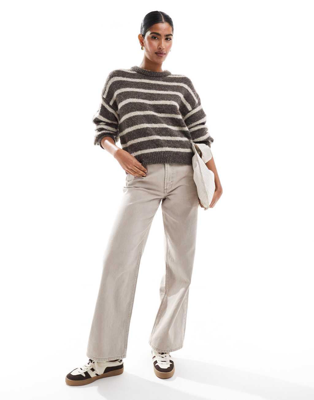 ASOS DESIGN fluffy knit sweater in brown stripe Product Image