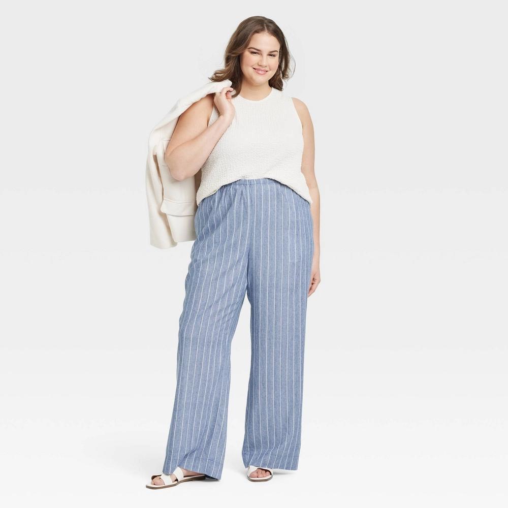 Womens Mid-Rise Wide Leg Linen Pull-On Pants - A New Day Navy Striped 4X Short Product Image