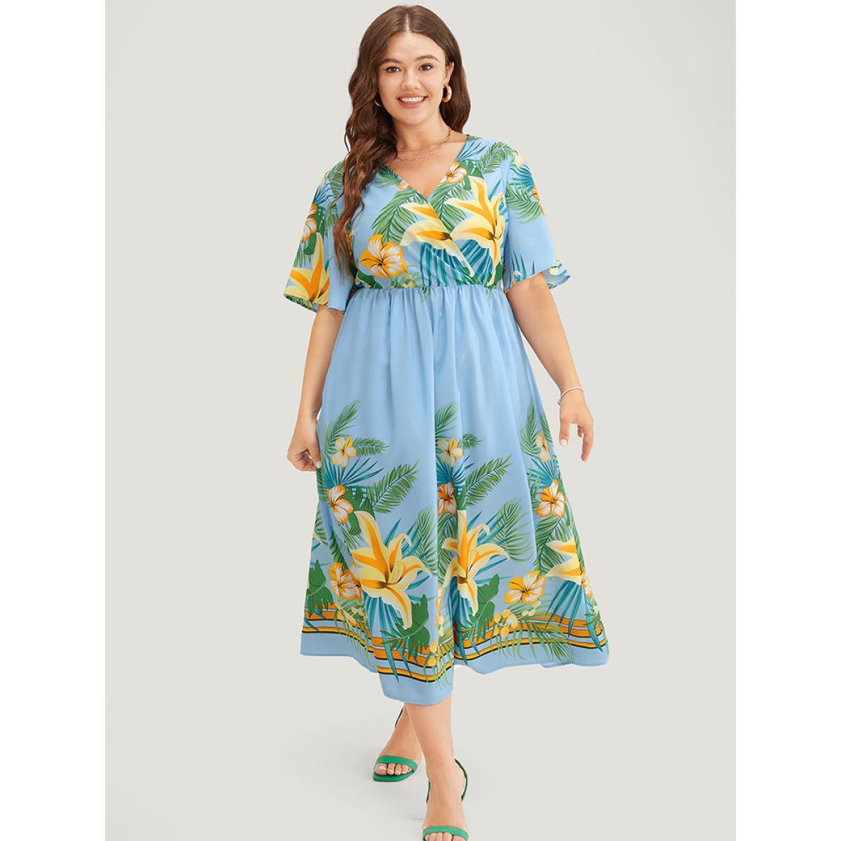 Plus Size Tropical Print Ruffle Sleeve Wrap Pocket Midi Dress LightBlue Women Elegant Elastic Waist V-neck Short sleeve Curvy Midi Dress BloomChic 28/5X Product Image