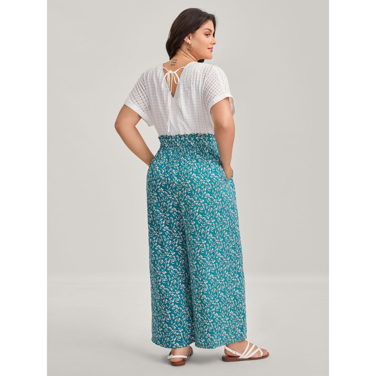 Plus Size Cerulean Floral Color Contrast Shirred Jumpsuit Women Cap Sleeve V-neck Everyday-Casual Loose Jumpsuits BloomChic 18-20/2X Product Image