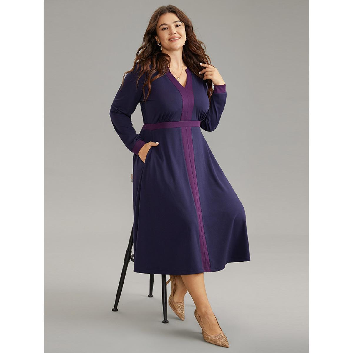 Plus Size Contrast Notched Gathered Elastic Waist Dress DarkBlue Women At the Office Contrast Notched collar Long Sleeve Curvy Midi Dress BloomChic 30/6X Product Image