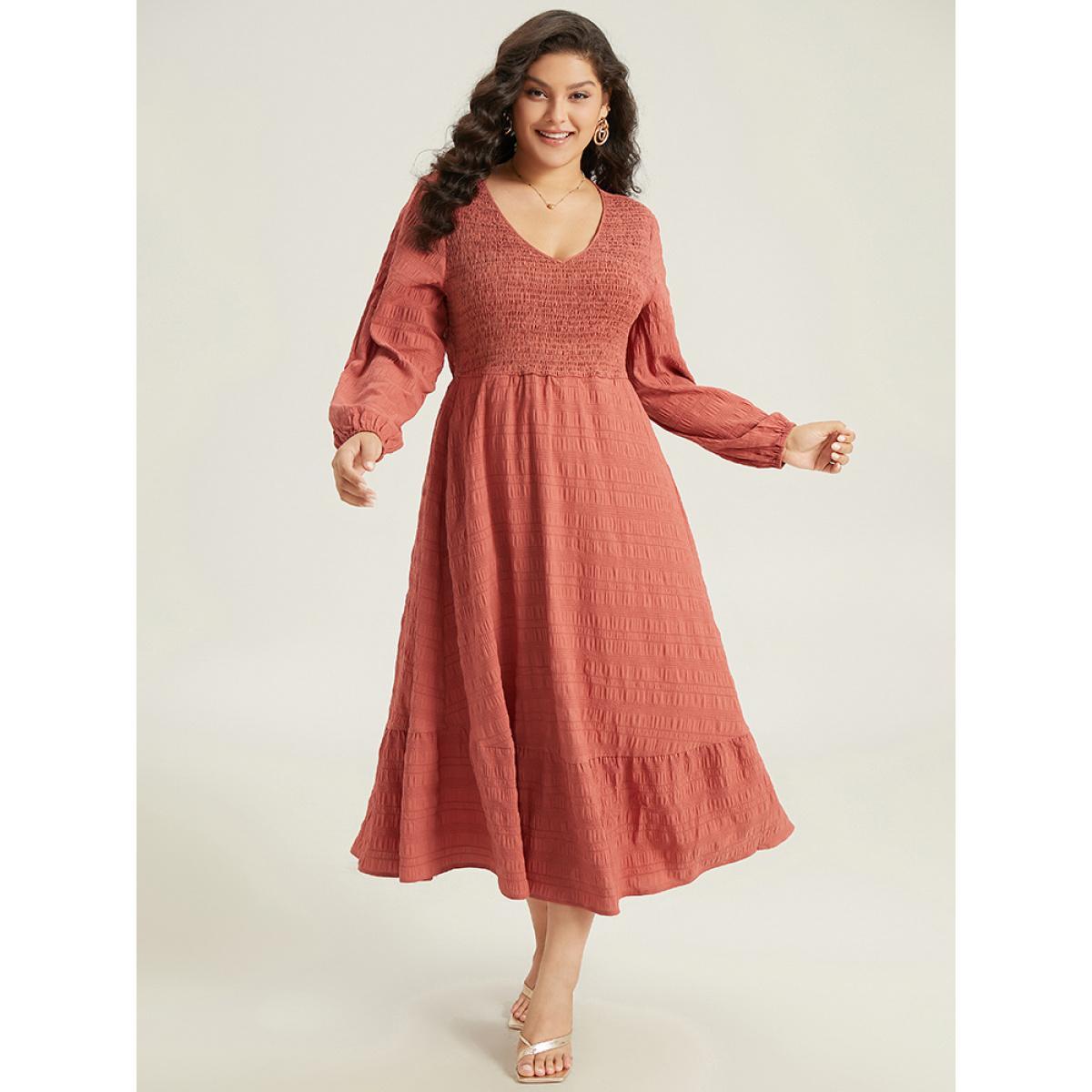 Plus Size Solid Shirred Plisse Flutter Hem Dress Chocolate Women Elegant Elastic cuffs V-neck Long Sleeve Curvy Midi Dress BloomChic 18-20/2X Product Image