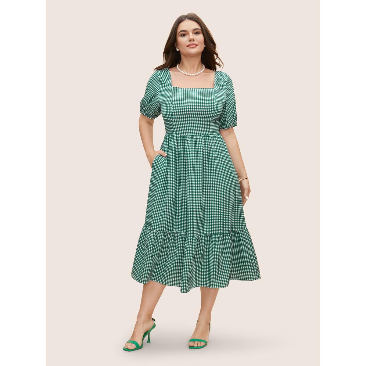 Plus Size Square Neck Gingham Elastic Waist Midi Dress Emerald Women Elegant Gathered Square Neck Half Sleeve Curvy BloomChic 26/4X Product Image