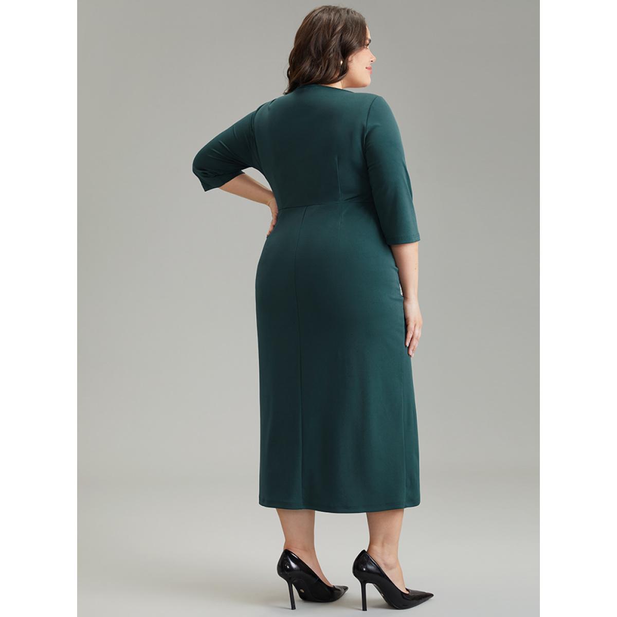 Plus Size Solid Notched Pleated Wrap Hem Dress Cyan Women Elegant Wrap Notched collar Elbow-length sleeve Curvy Midi Dress BloomChic 12/L Product Image