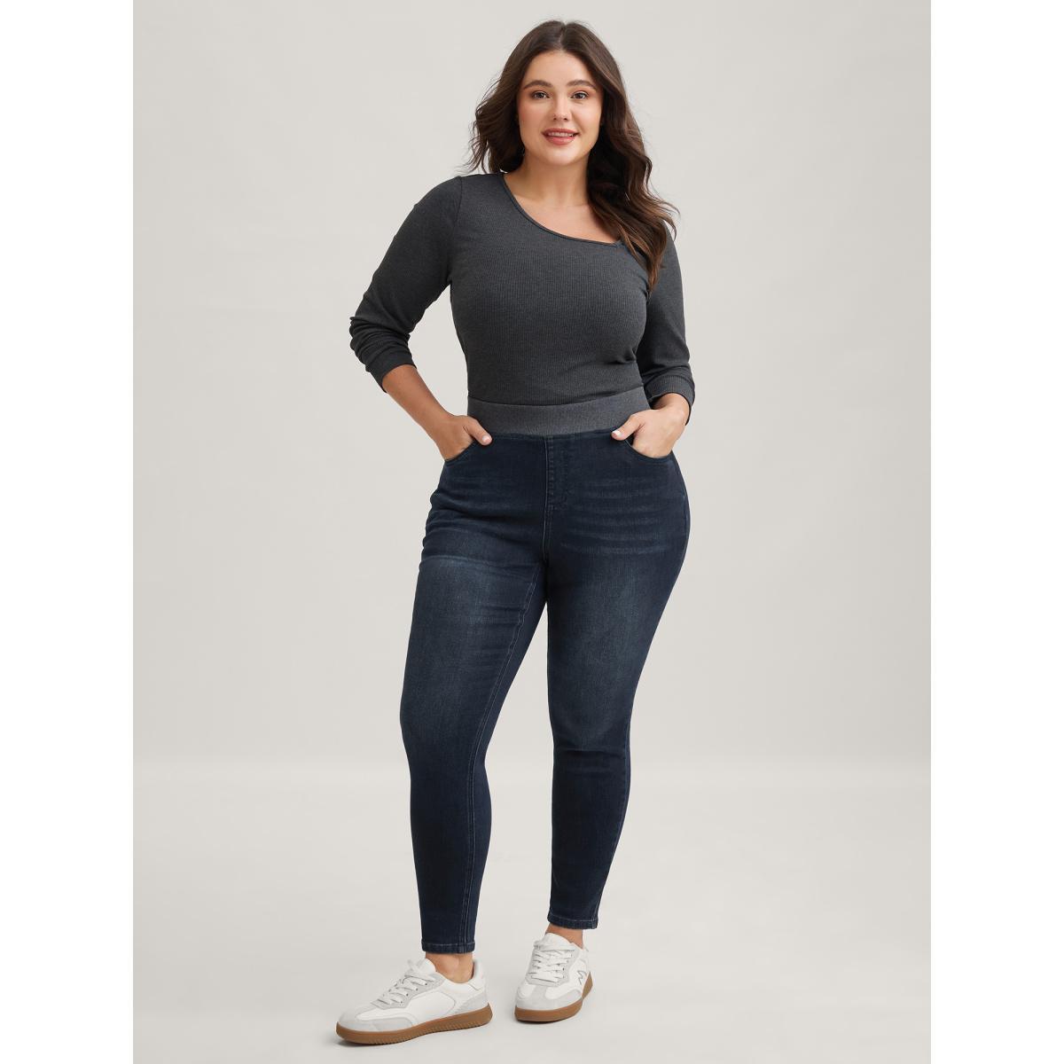 Plus Size Stretchy Whiskered Waist Skinny Knit Jeans Women Darkindigo Elegant Medium stretch Slanted pocket Jeans BloomChic 18/2X Product Image