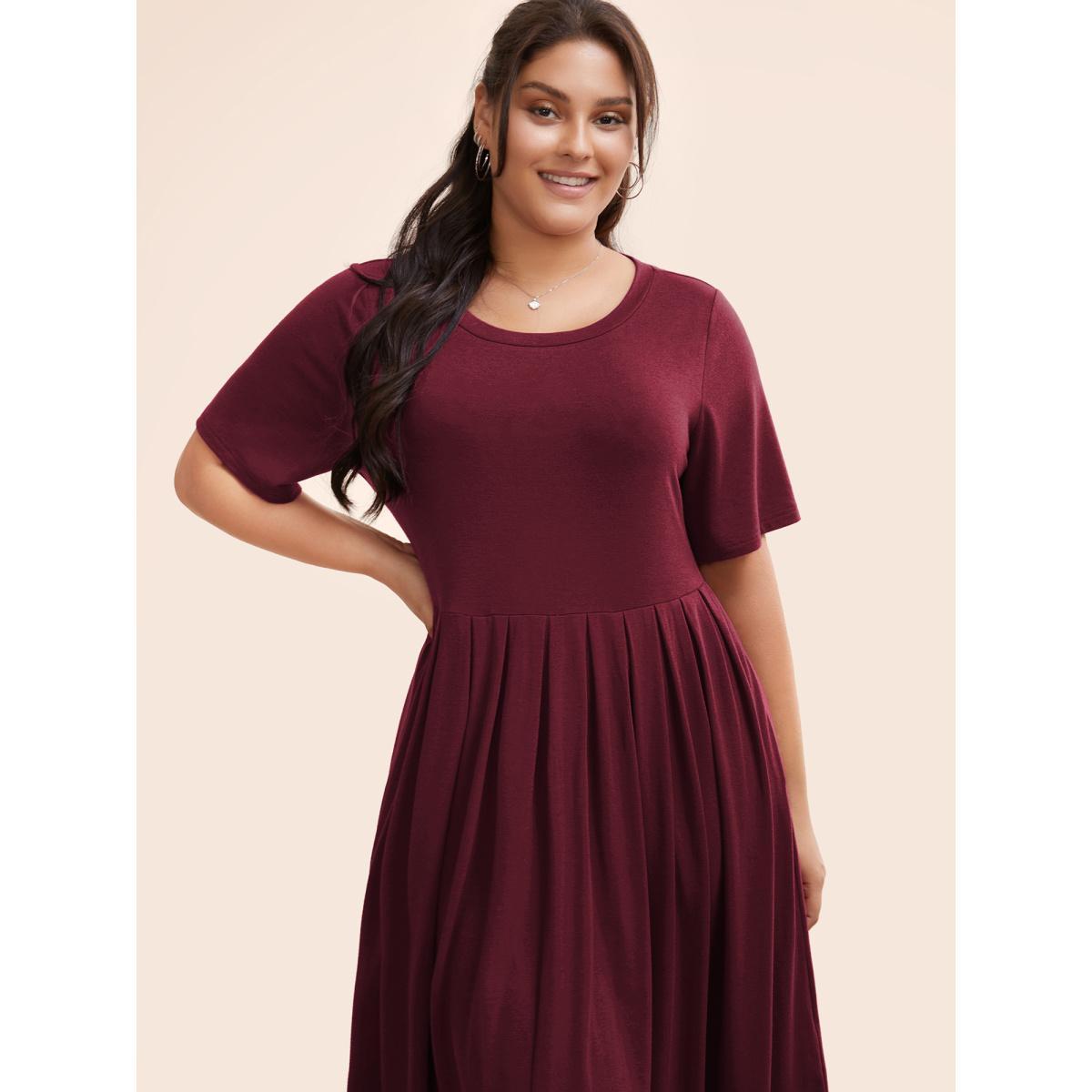 Plus Size Supersoft Essentials Solid Pleated Round Neck Midi Dress Burgundy Women Casual Plain Round Neck Short sleeve Curvy Midi Dress BloomChic 26/4X Product Image