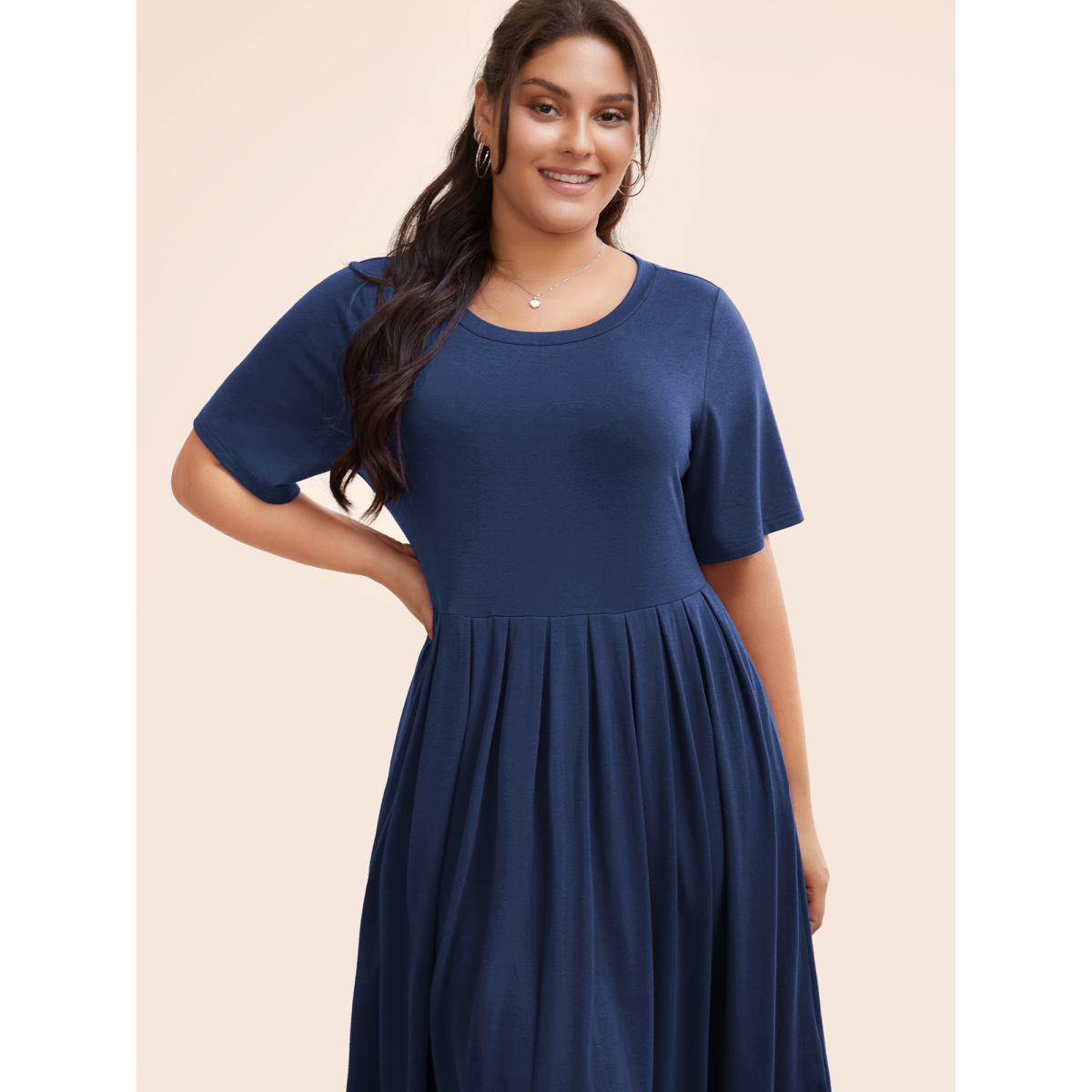 Plus Size Supersoft Essentials Solid Pleated Round Neck Midi Dress DarkBlue Women Casual Plain Round Neck Short sleeve Curvy Midi Dress BloomChic 14-16/1X Product Image