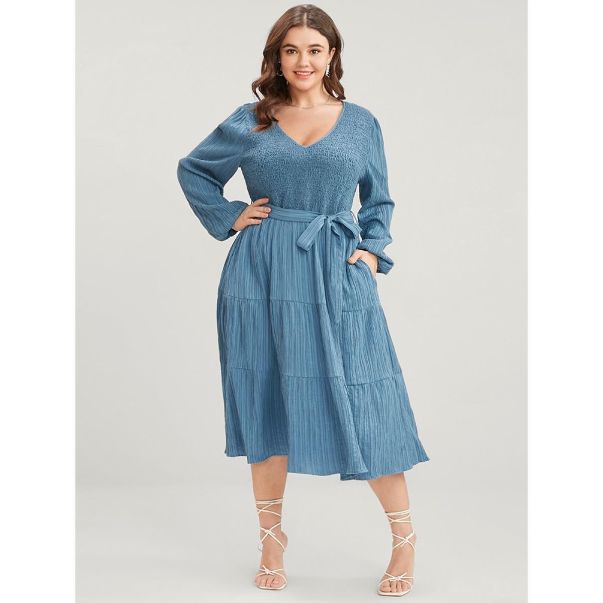 Plus Size Solid Textured V Neck Pocket Shirred Belted Flutter Dress Aegean Women Elegant Tiered V-neck Long Sleeve Curvy Midi Dress BloomChic 18-20/2X Product Image